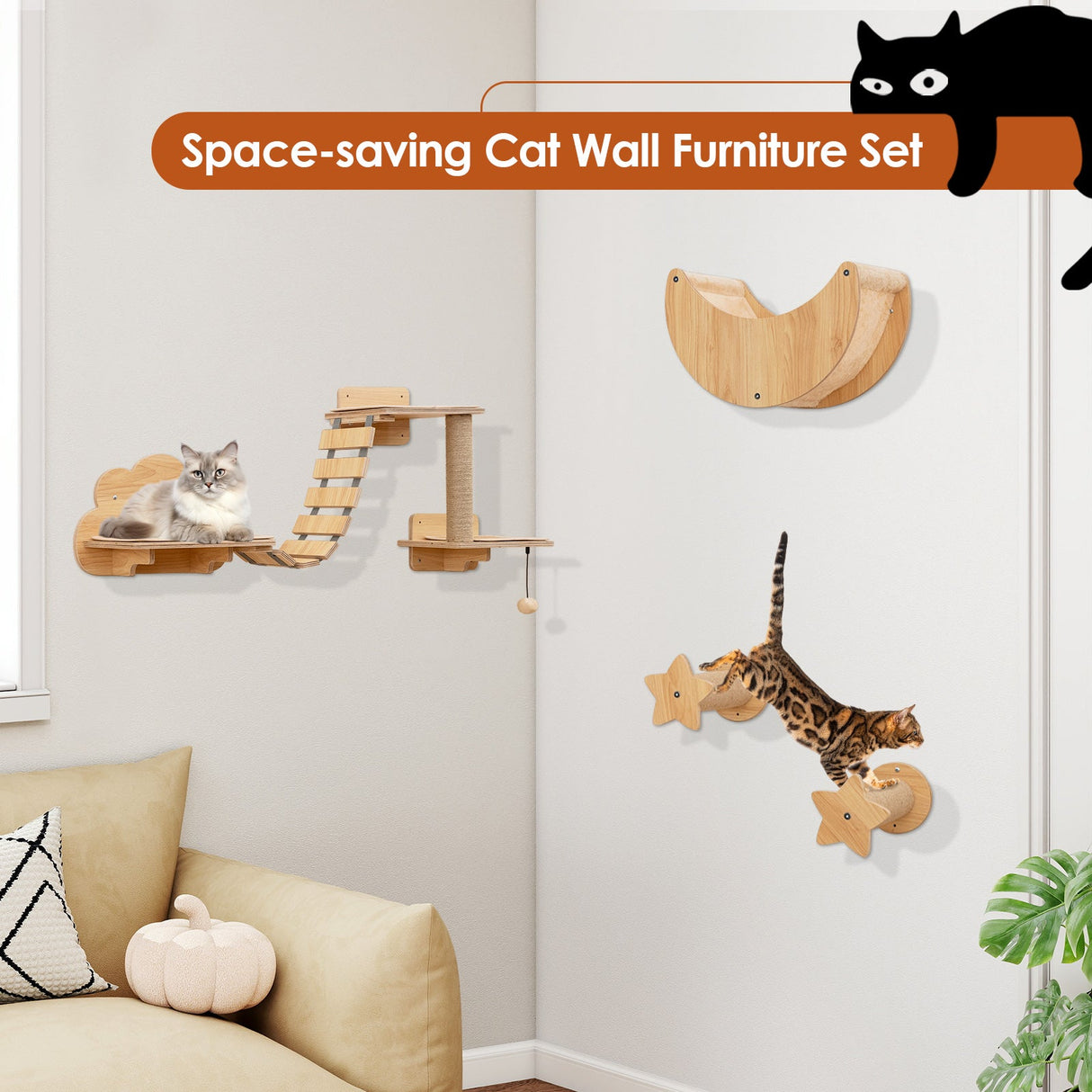 Conjunto de muebles de pared para gatos Estantes montados en la pared para gatitos con hamaca - Natural
