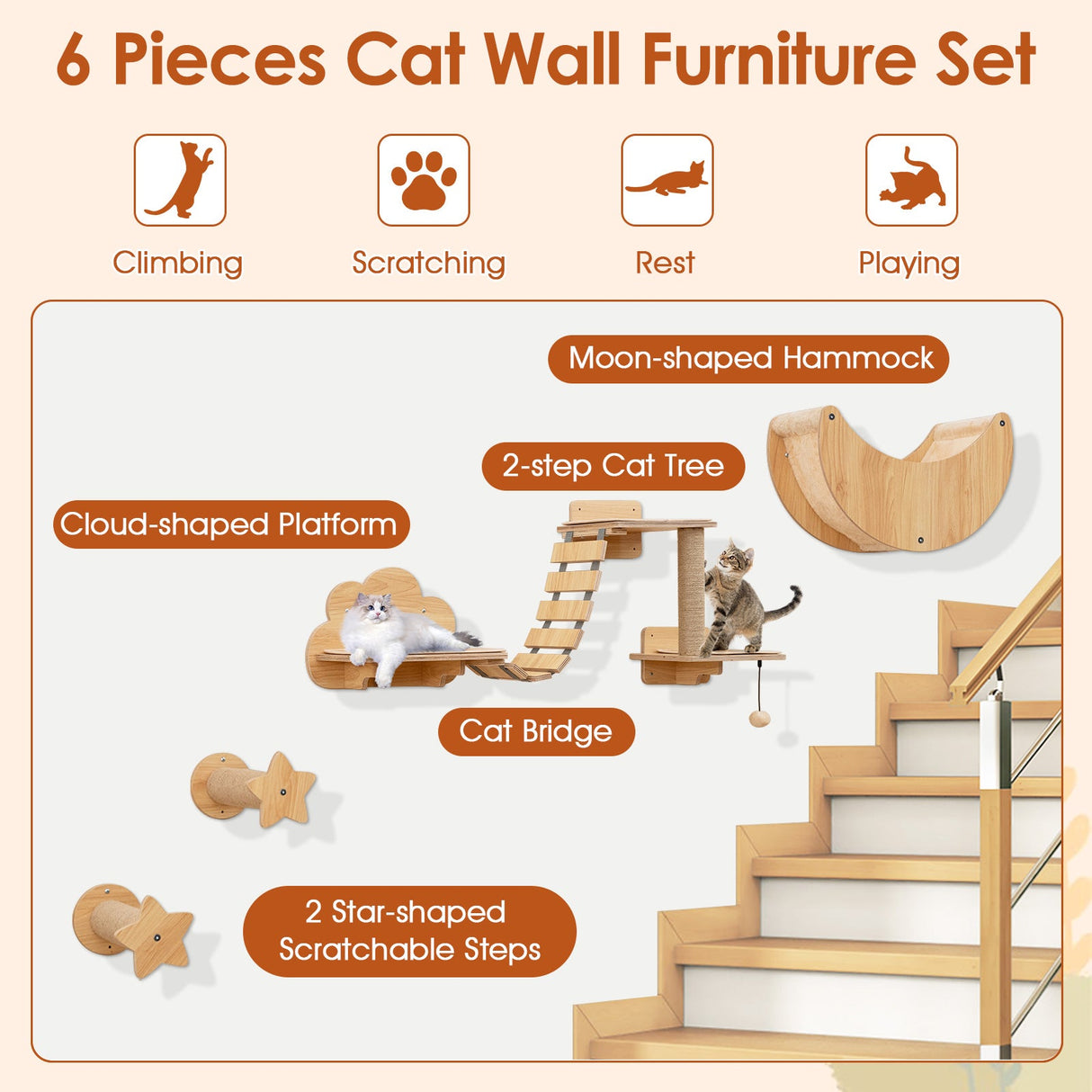 Conjunto de muebles de pared para gatos Estantes montados en la pared para gatitos con hamaca - Natural