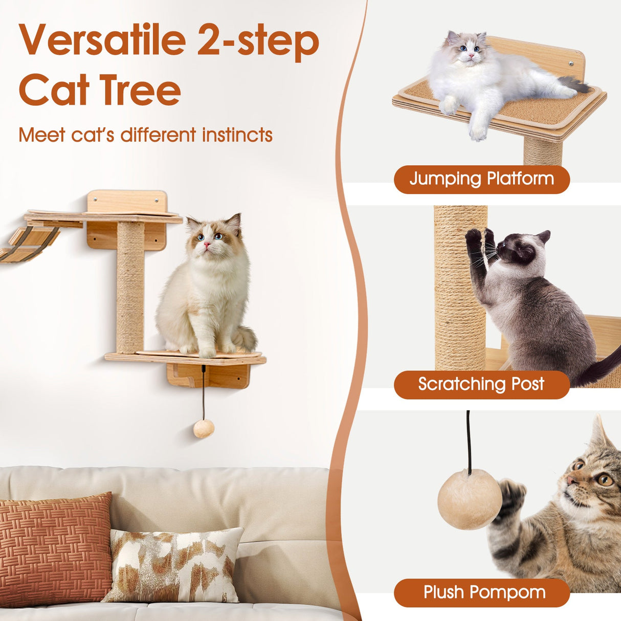 Conjunto de muebles de pared para gatos Estantes montados en la pared para gatitos con hamaca - Natural