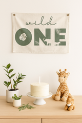 Banner de lona para primer cumpleaños "Wild One" - Temática de la selva