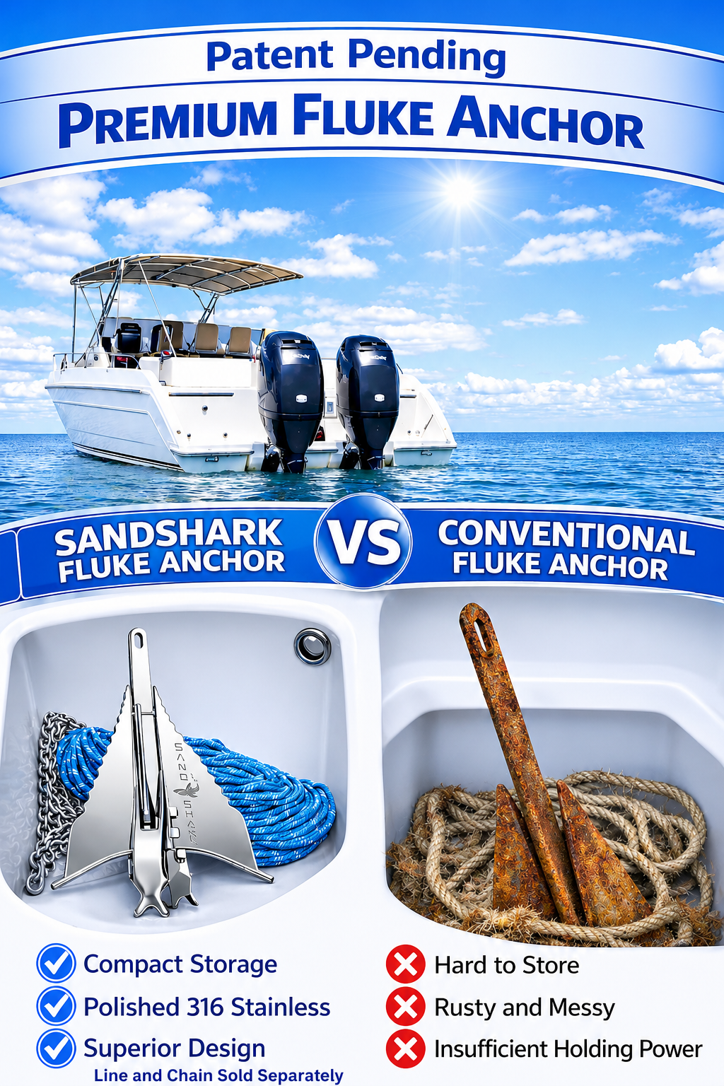 Ancla de garfio SandShark Premium de acero inoxidable, eje retráctil, fácil almacenamiento, ancla de aluminio para pontones, embarcaciones de hasta 10,6 metros. Ancla de arena para barco, ancla para barco. 5,9 kg.