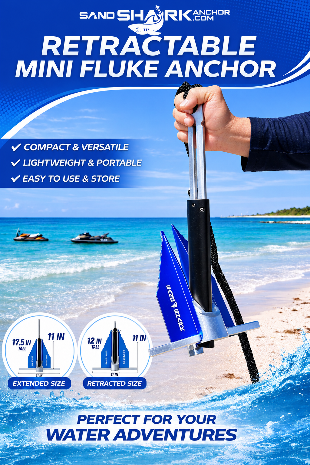 Ancla Fluke Mini – Ancla Compacta y Potente para Motos Acuáticas, Kayaks y Barcos Pequeños (Ancla, Cuerda, Estuche)