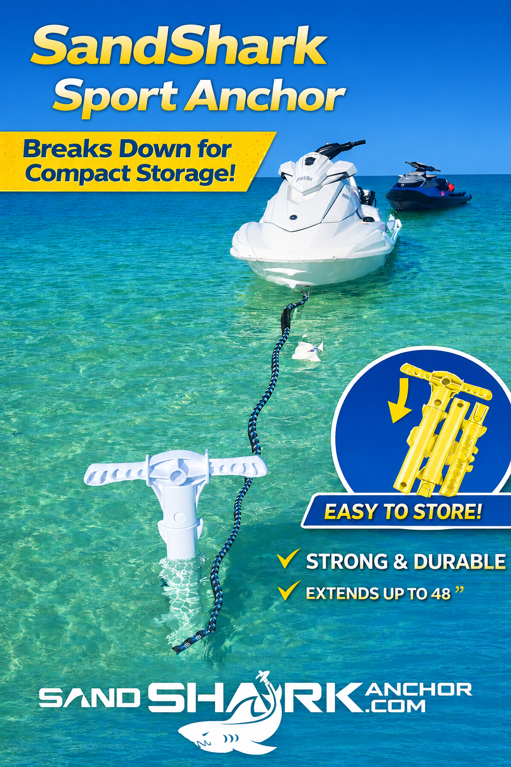 Sport Anchor with Carrying Case- Shallow Water Anchor Pole for Boats and PWC. Easy Storage, High-Strength ABS (4' tall)