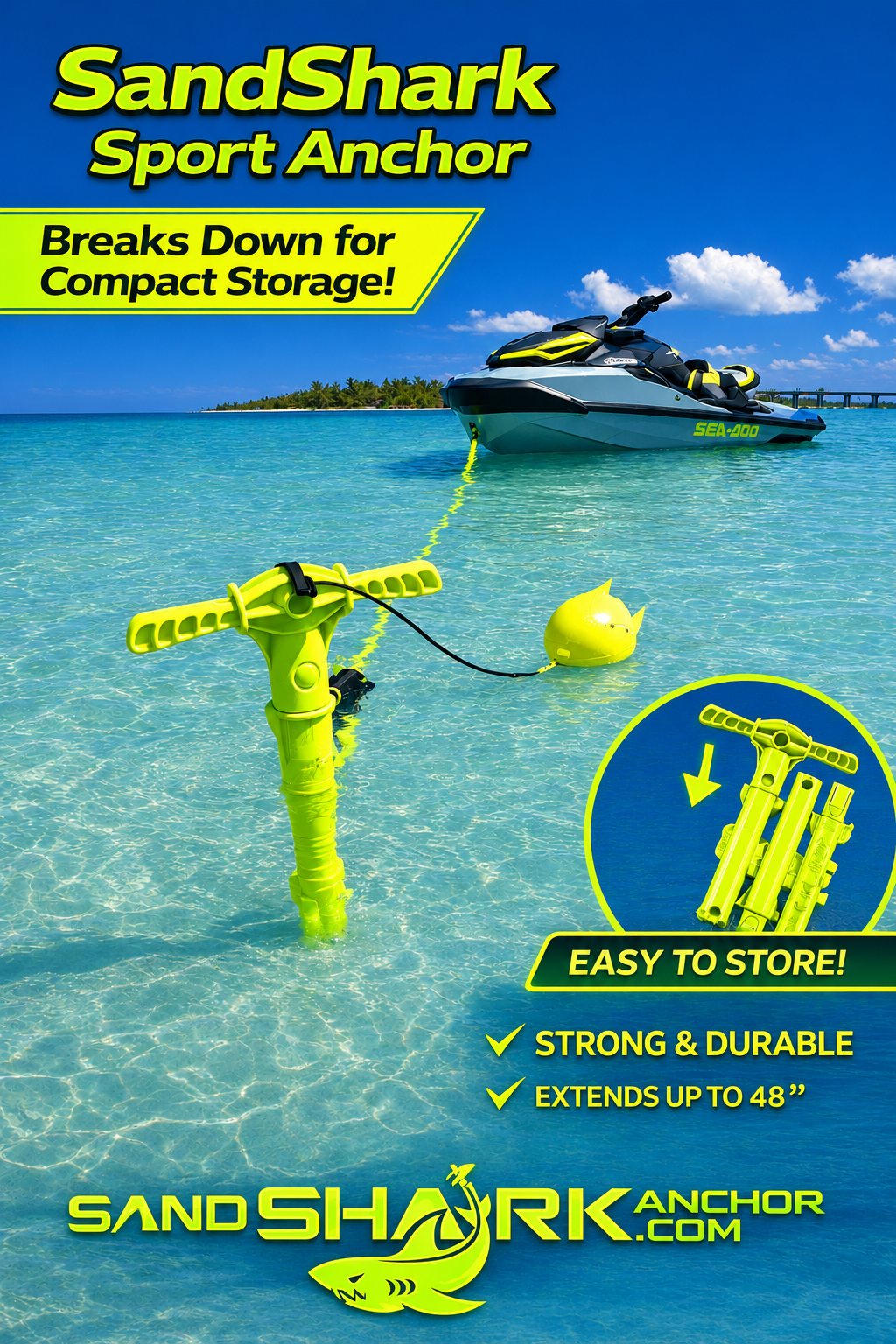 Sport Anchor with Carrying Case- Shallow Water Anchor Pole for Boats and PWC. Easy Storage, High-Strength ABS (4' tall)