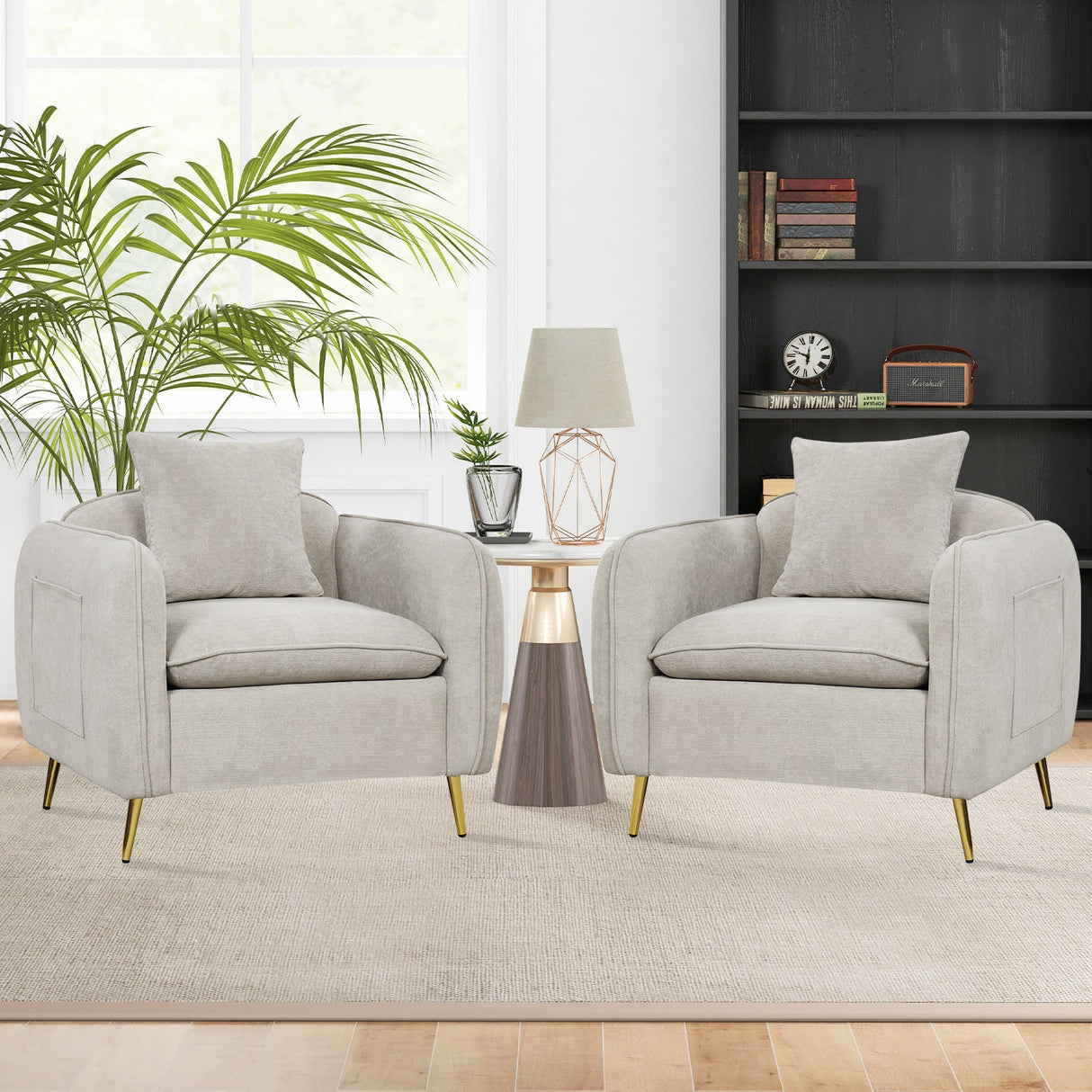 Sillón Acentual de Terciopelo de Chenilla con Bolsillos de Almacenamiento - Blanco