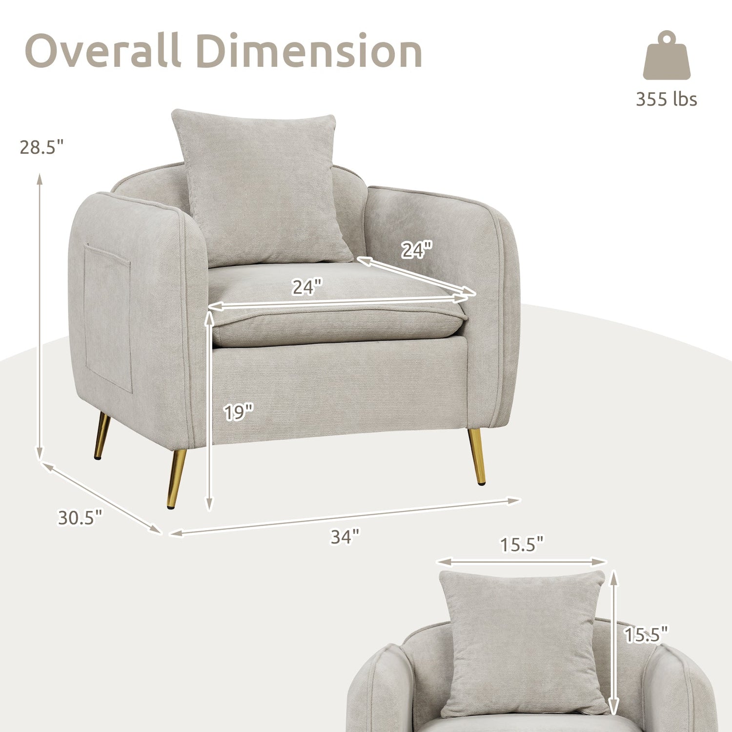 Sillón Acentual de Terciopelo de Chenilla con Bolsillos de Almacenamiento - Blanco