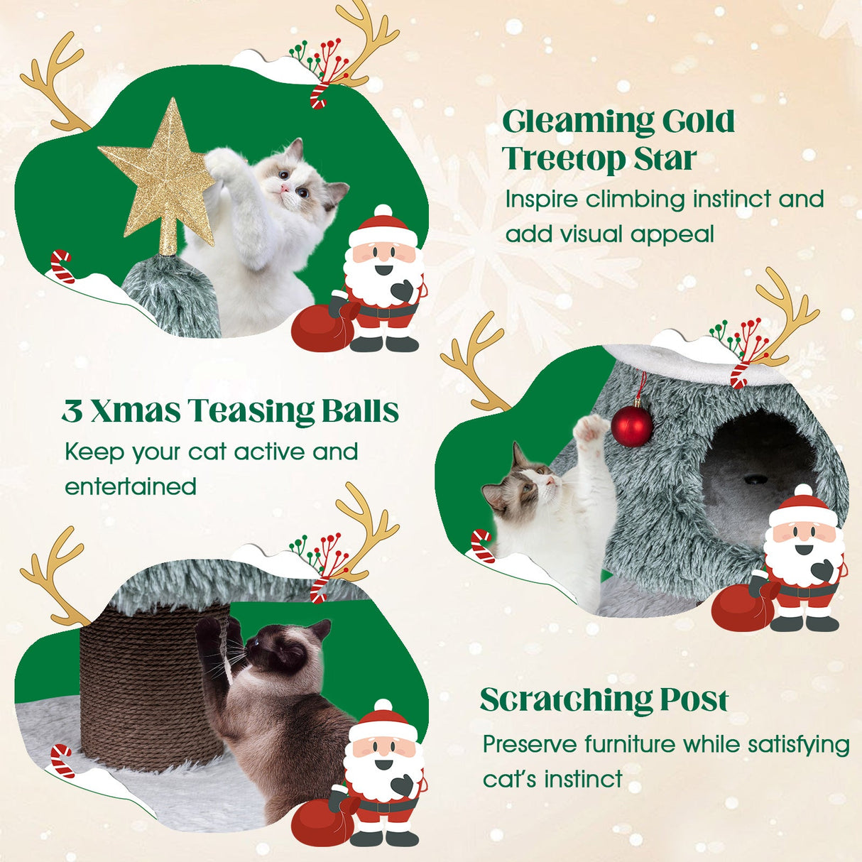 Árbol de Navidad para Gatos de Interior de 48.5 Pulgadas, Bonita Torre para Gatos con 2 Grandes Condominios y Rascador - Verde