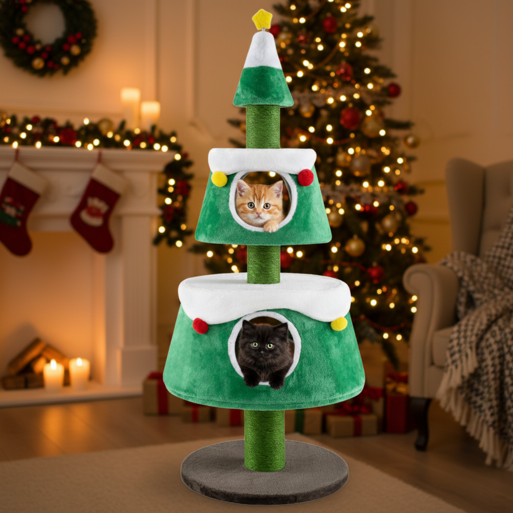 Árbol de Navidad para gatos de interior, torre para gatos con 2 condominios, diseño de vacaciones, color verde