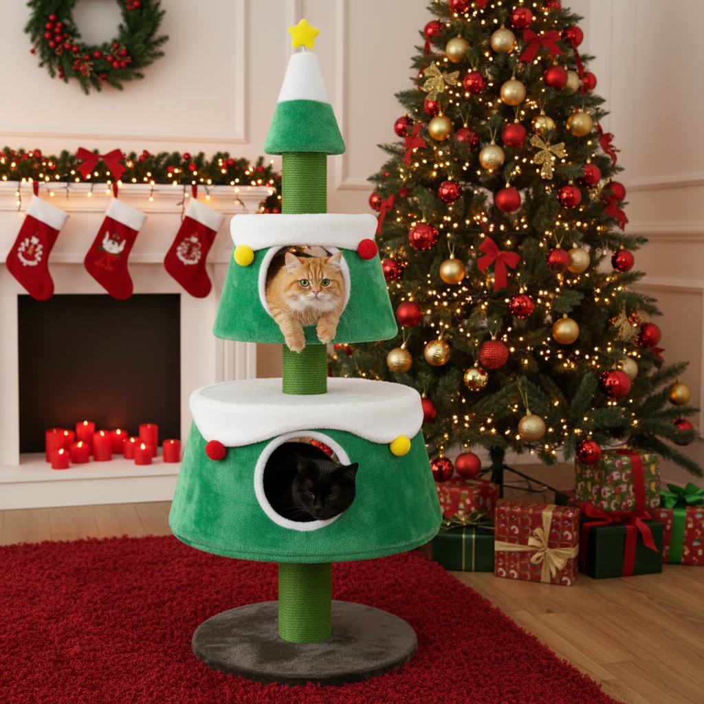 Árbol de Navidad para gatos de interior, torre para gatos con 2 condominios, diseño de vacaciones, color verde