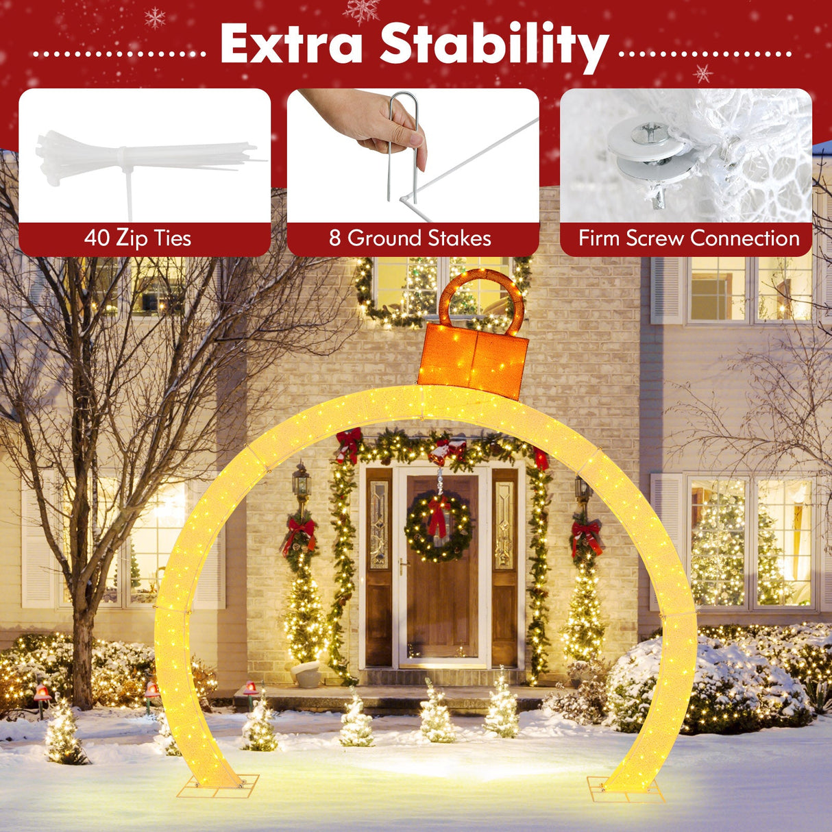 Arco de Navidad preiluminado de 3.20 metros con remate de adorno dorado y 300 luces LED blancas cálidas