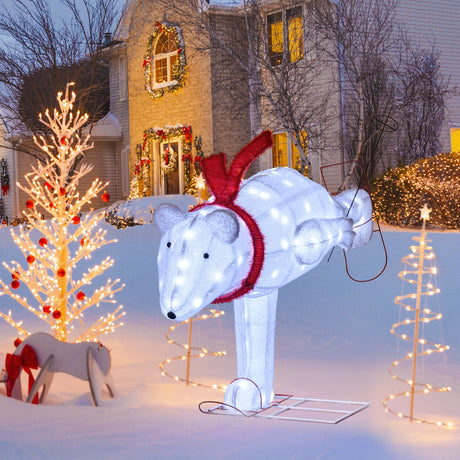 Oso polar esquiador navideño de 1.37 m con luces LED y estacas de sujeción