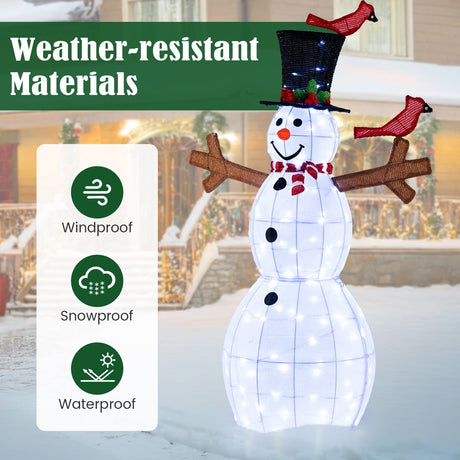 Muñeco de Nieve de Navidad de 1.46 Metros con 120 Luces LED y 2 Pájaros Rojos Decorativos