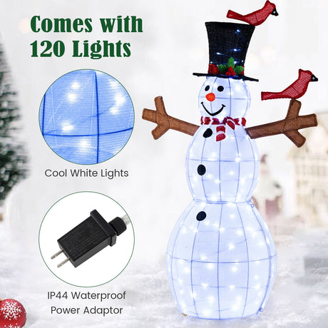 Muñeco de Nieve de Navidad de 1.46 Metros con 120 Luces LED y 2 Pájaros Rojos Decorativos
