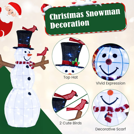 Muñeco de Nieve de Navidad de 1.46 Metros con 120 Luces LED y 2 Pájaros Rojos Decorativos