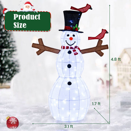 Muñeco de Nieve de Navidad de 1.46 Metros con 120 Luces LED y 2 Pájaros Rojos Decorativos