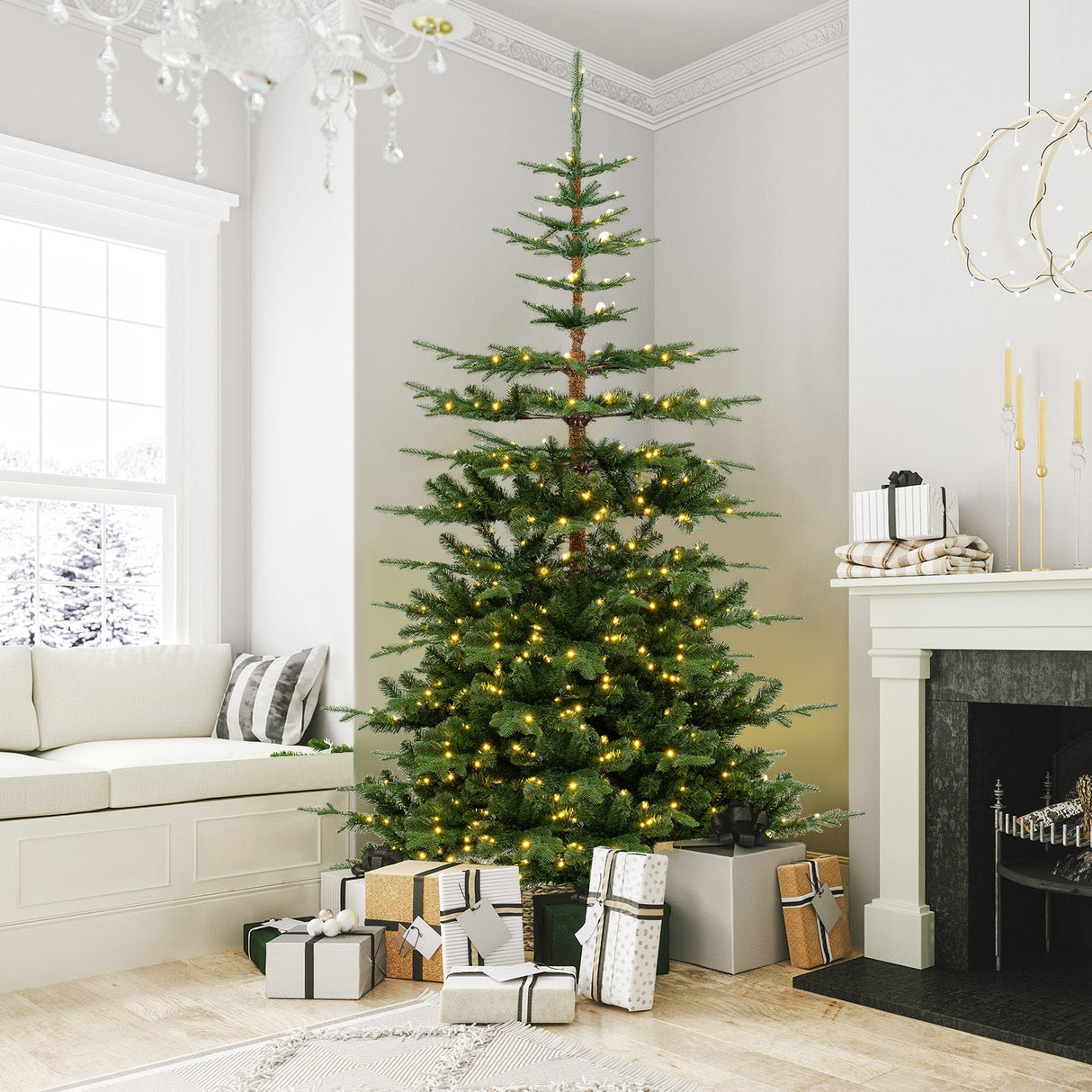 Árbol de Navidad artificial de 7 pies con bisagras, preiluminado y con 1303 puntas de ramas