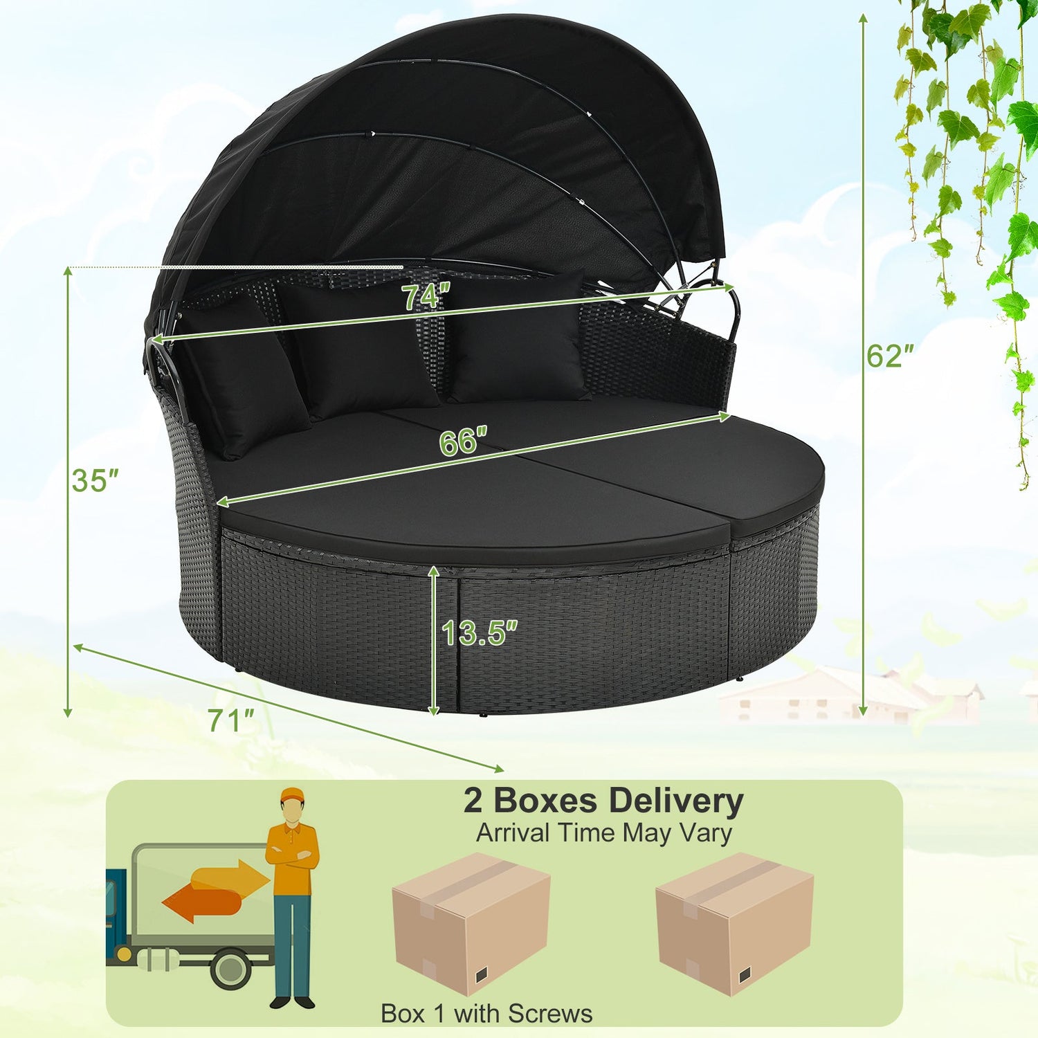 Clamshell Patio Round Daybed Wicker with Retractable Canopy and Pillows