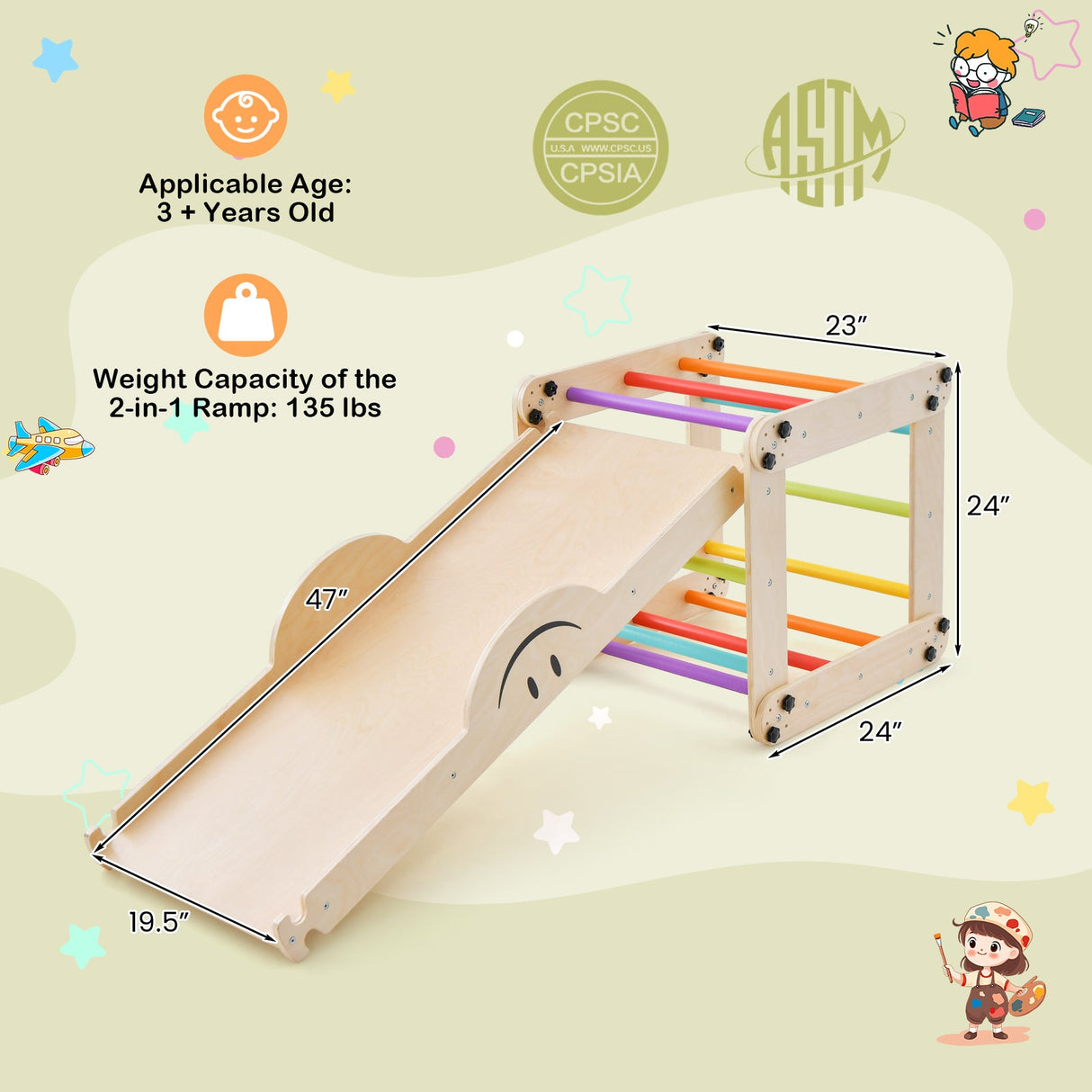 Triángulo de escalada Escalera Juguete Gimnasio de interior con rampa reversible-Multicolor