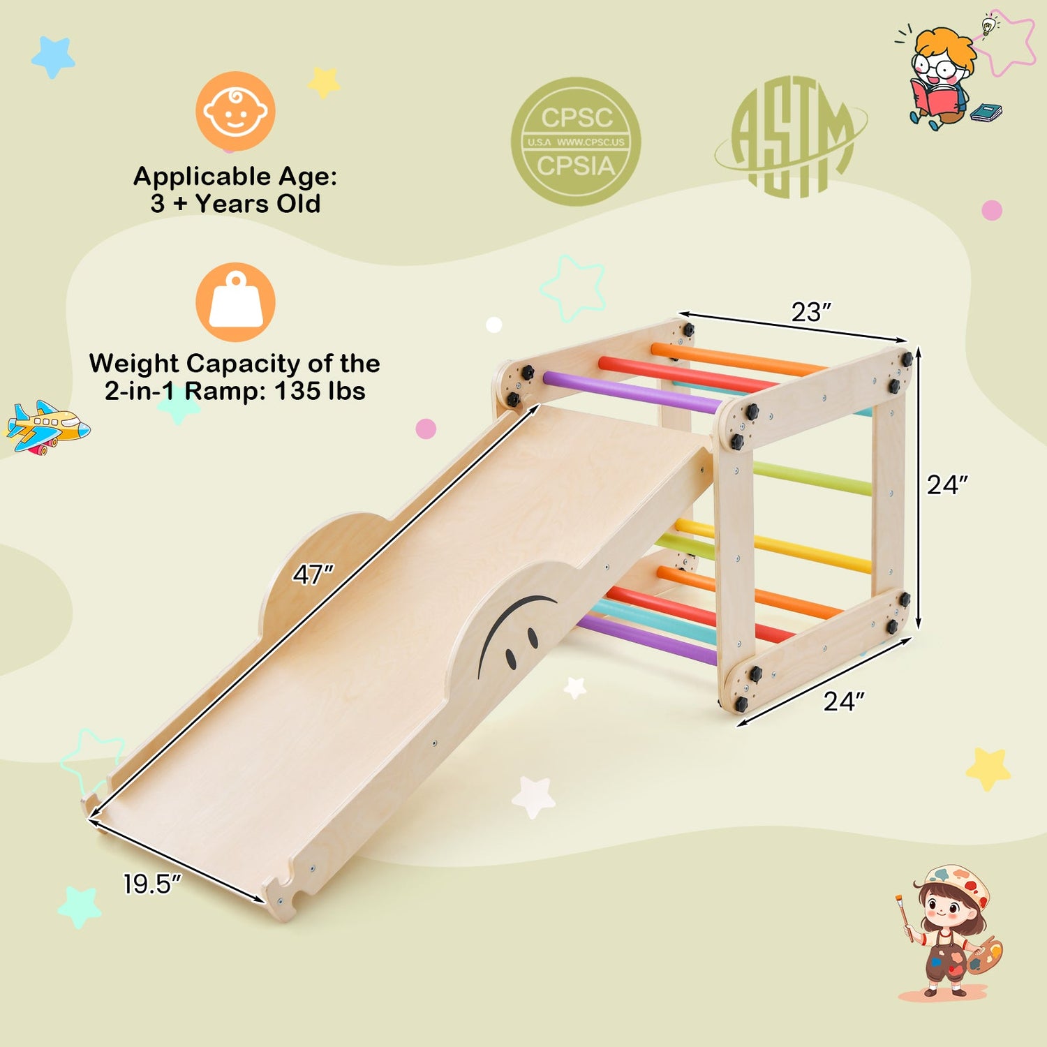 Triángulo de escalada Escalera Juguete Gimnasio de interior con rampa reversible-Multicolor