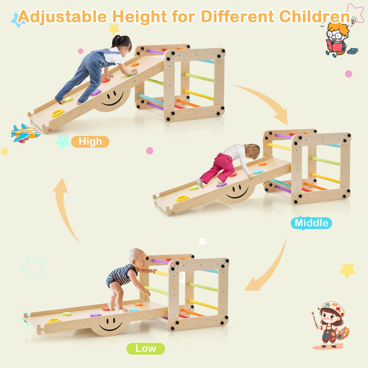 Triángulo de escalada Escalera Juguete Gimnasio de interior con rampa reversible-Multicolor