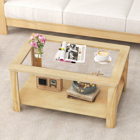 Mesa de centro de 2 niveles rectangular con tapa de cristal templado y estante de almacenamiento - Natural