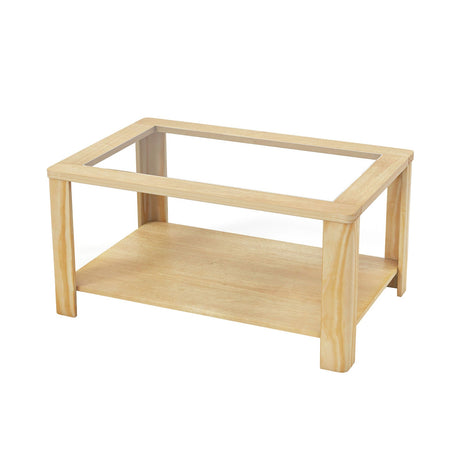 Mesa de centro de 2 niveles rectangular con tapa de cristal templado y estante de almacenamiento - Natural