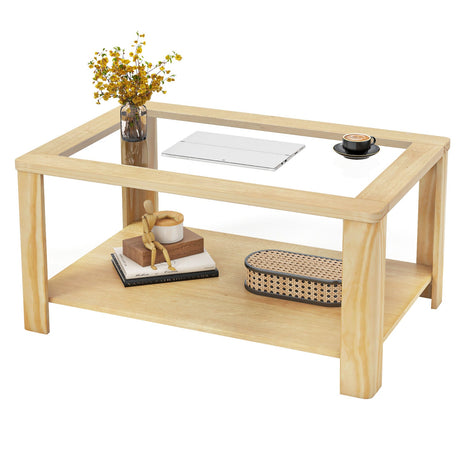 Mesa de centro de 2 niveles rectangular con tapa de cristal templado y estante de almacenamiento - Natural