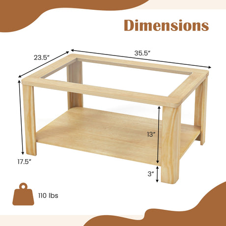 Mesa de centro de 2 niveles rectangular con tapa de cristal templado y estante de almacenamiento - Natural
