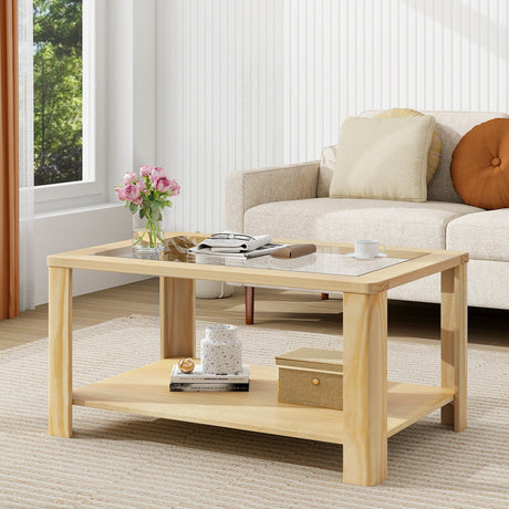 Mesa de centro de 2 niveles rectangular con tapa de cristal templado y estante de almacenamiento - Natural