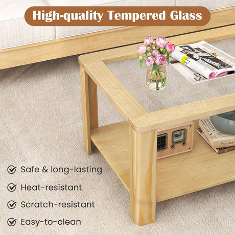 Mesa de centro de 2 niveles rectangular con tapa de cristal templado y estante de almacenamiento - Natural