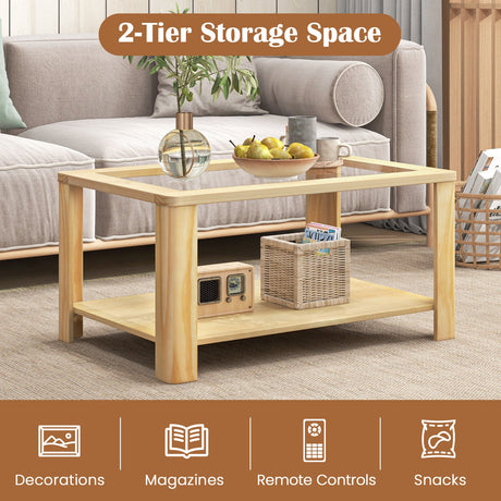 Mesa de centro de 2 niveles rectangular con tapa de cristal templado y estante de almacenamiento - Natural