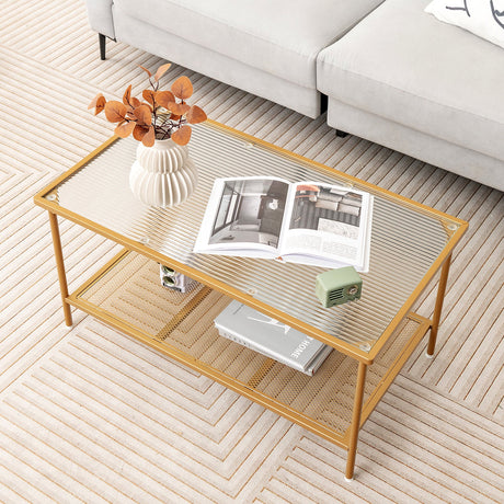 Mesa de centro de 2 niveles con estante, mesa auxiliar con cubierta de vidrio templado - Dorado