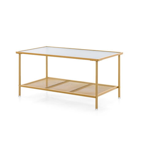 Mesa de centro de 2 niveles con estante, mesa auxiliar con cubierta de vidrio templado - Dorado