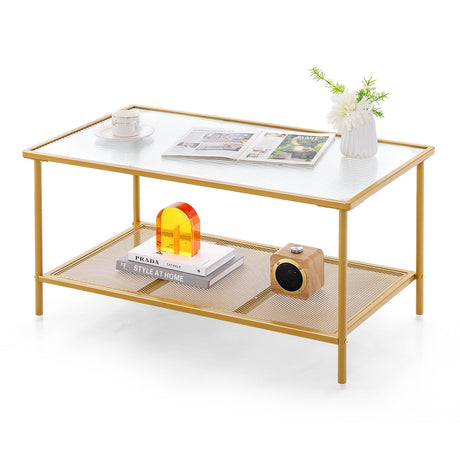 Mesa de centro de 2 niveles con estante, mesa auxiliar con cubierta de vidrio templado - Dorado