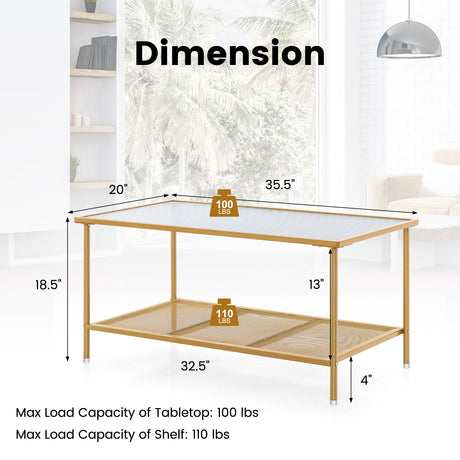 Mesa de centro de 2 niveles con estante, mesa auxiliar con cubierta de vidrio templado - Dorado