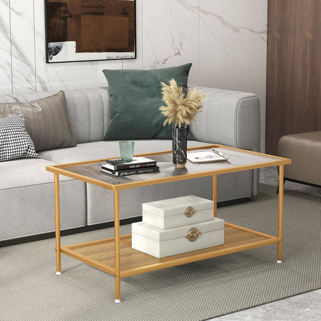 Mesa de centro de 2 niveles con estante, mesa auxiliar con cubierta de vidrio templado - Dorado