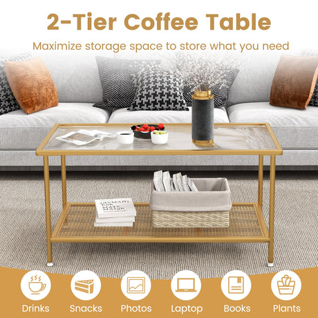 Mesa de centro de 2 niveles con estante, mesa auxiliar con cubierta de vidrio templado - Dorado