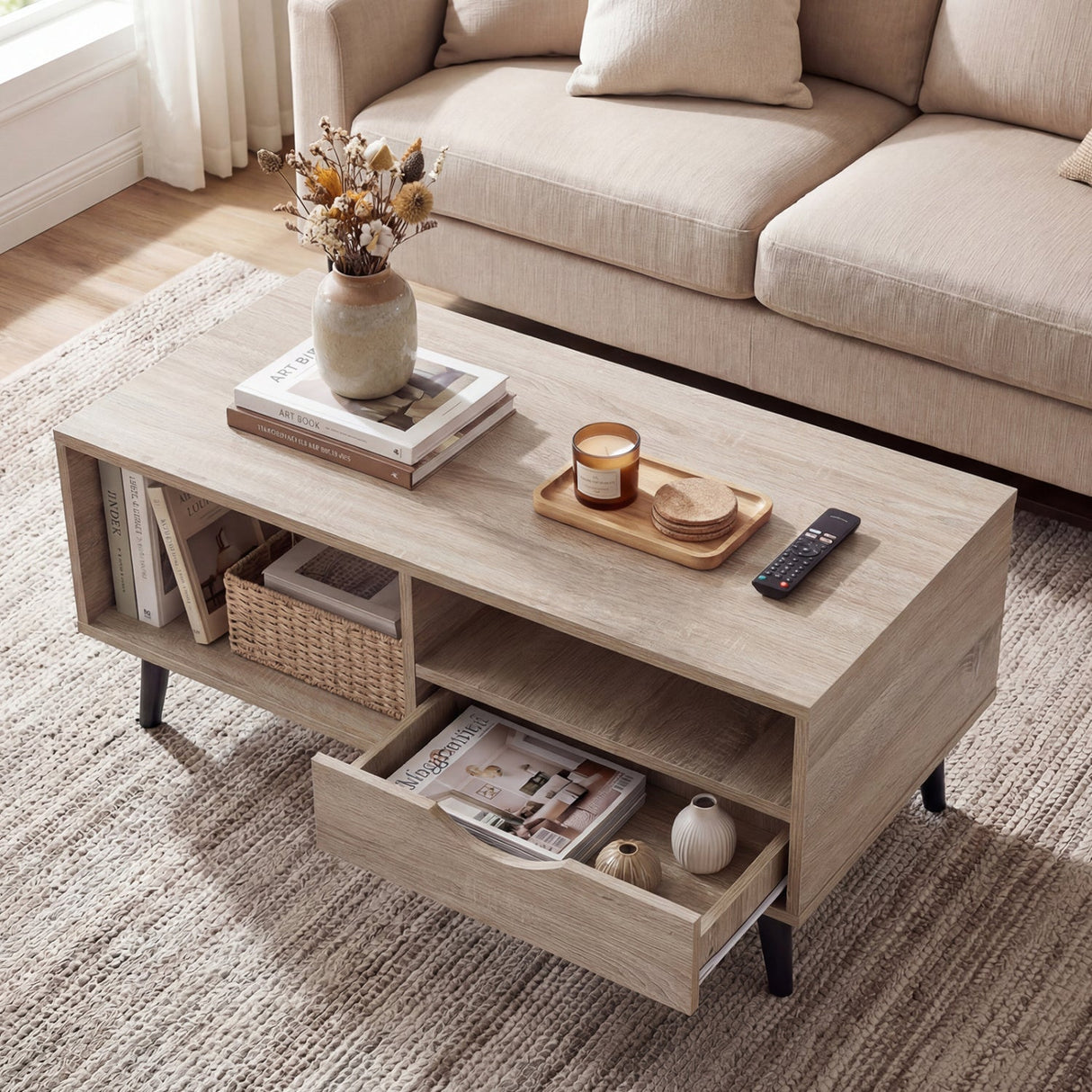 Mesa de centro rústica rectangular con almacenaje