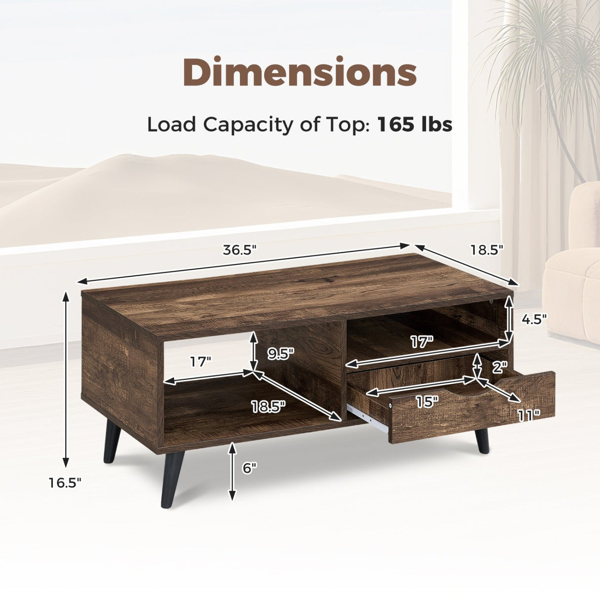 Mesa de centro rústica rectangular con almacenaje