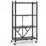 4-Tier Foldable Storage Shelf Collapsible Storage Rack with Lockable Wheels-Black
