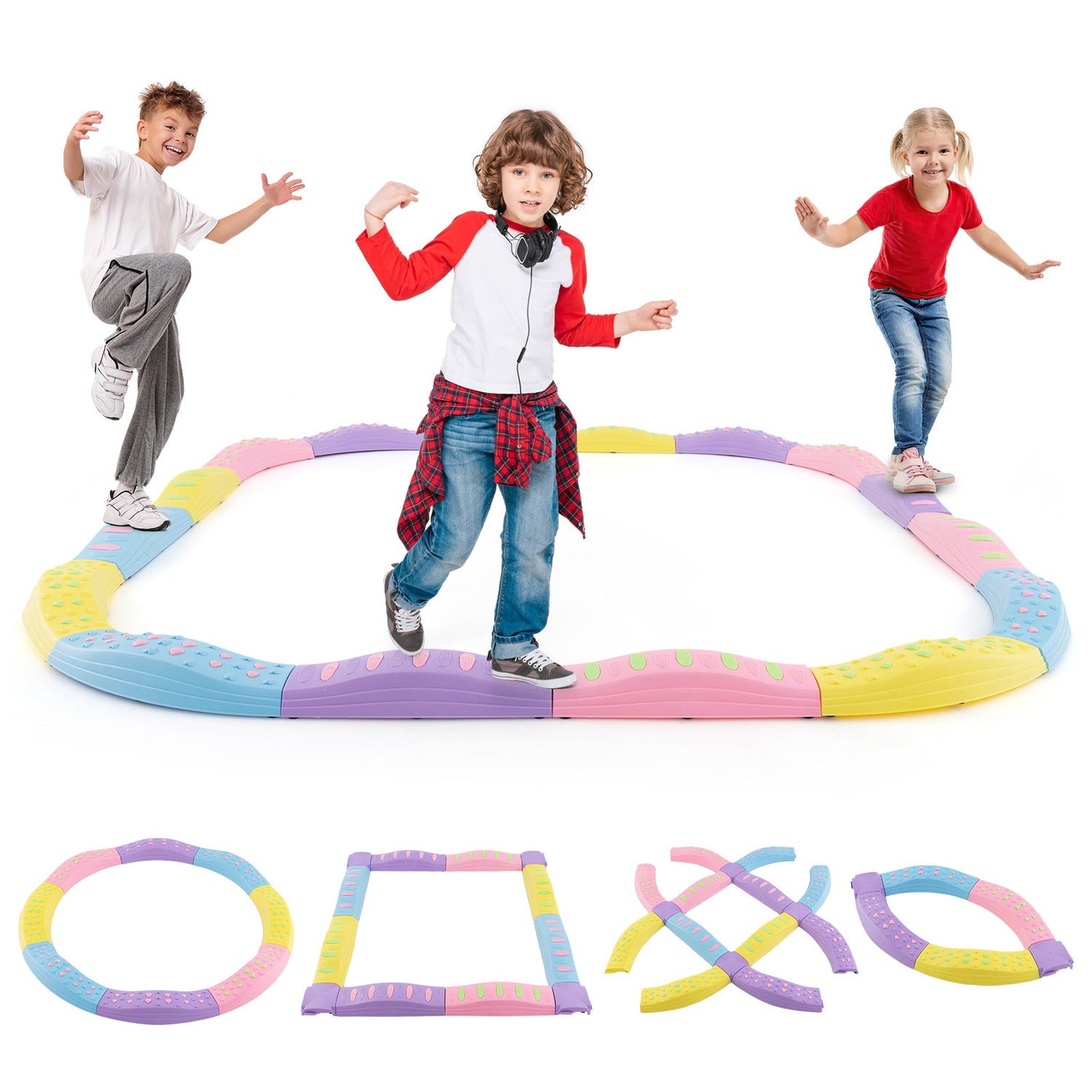 Viga de equilibrio ondulada colorida para niños con superficie texturizada y almohadillas antideslizantes para los pies