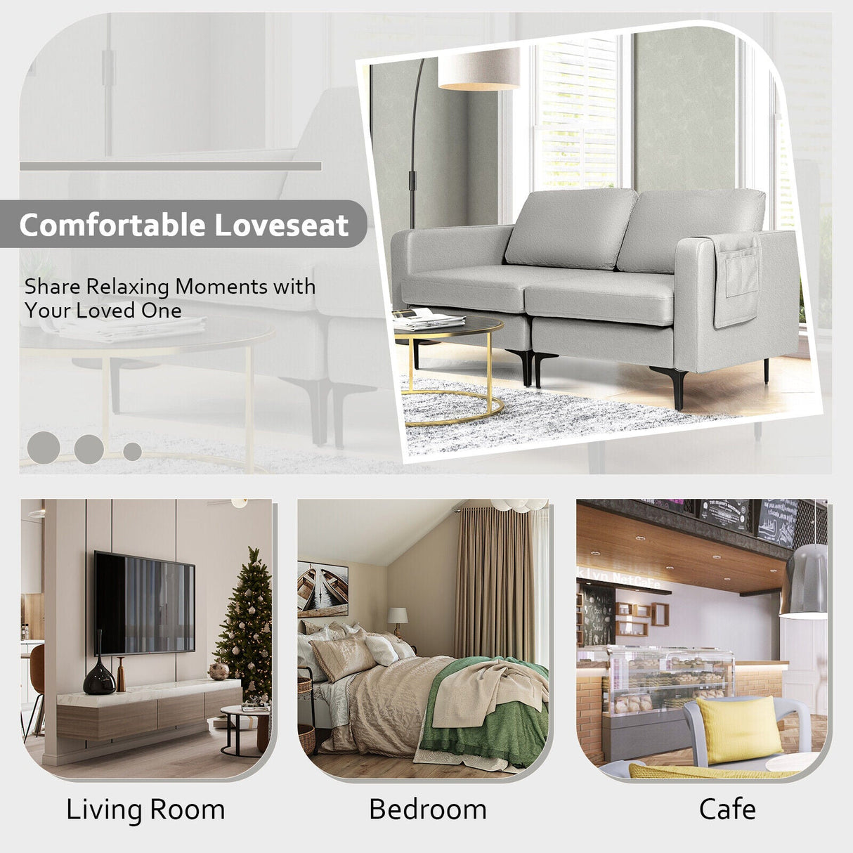 Modern Loveseat Sofa Couch with Side Storage Pocket and Sponged Padded Seat Cushions