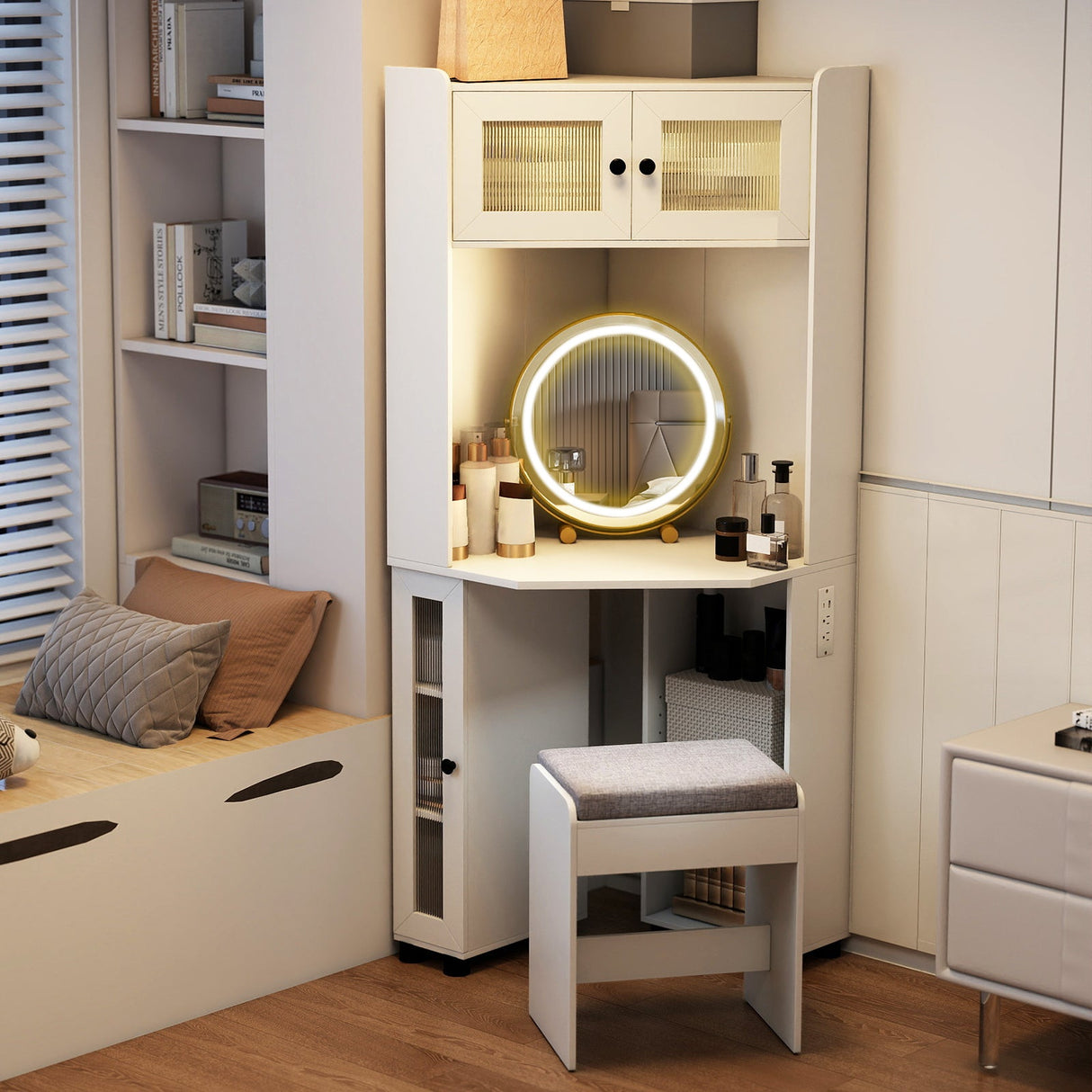 Tocador esquinero compacto con espejo y luces-Blanco