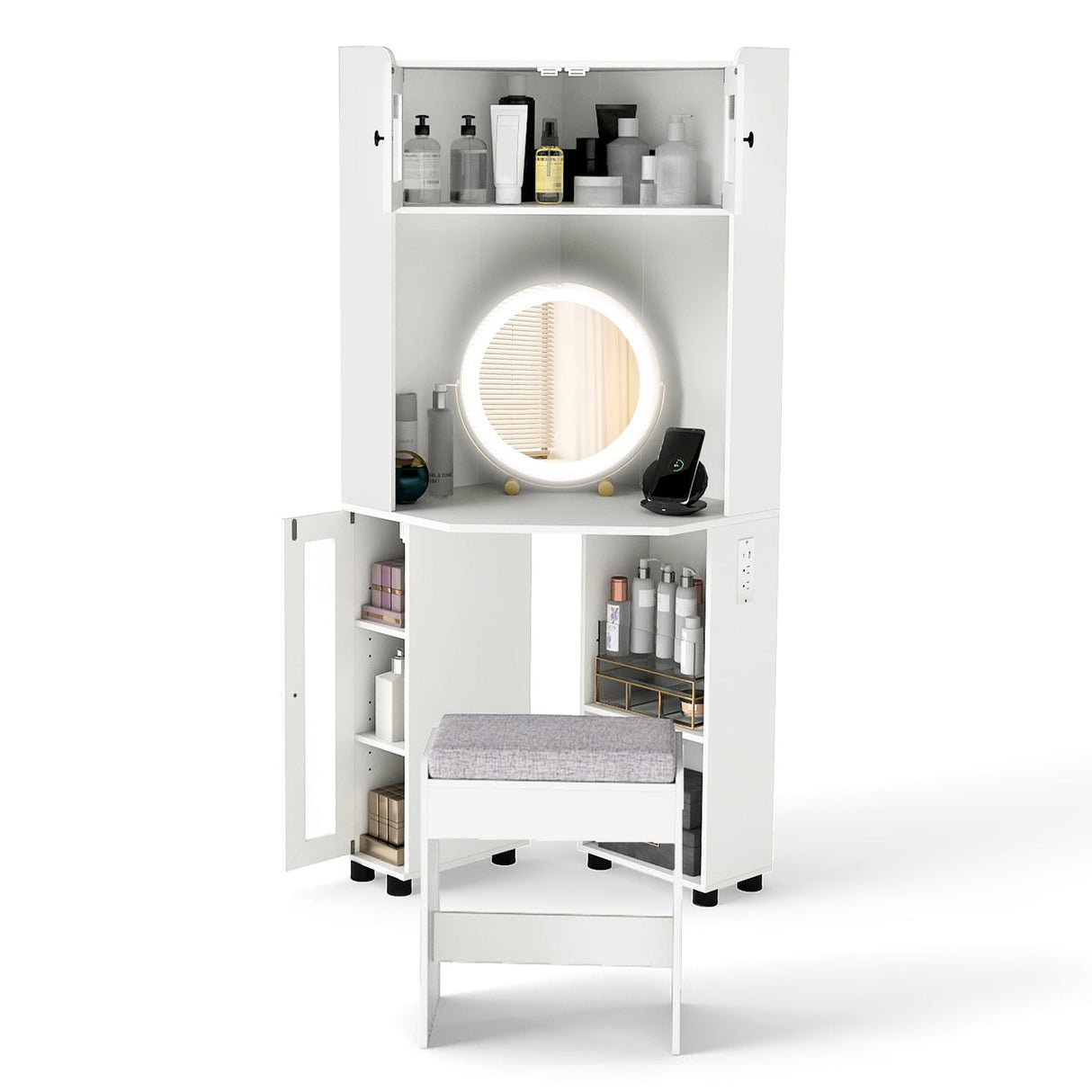 Tocador esquinero compacto con espejo y luces-Blanco