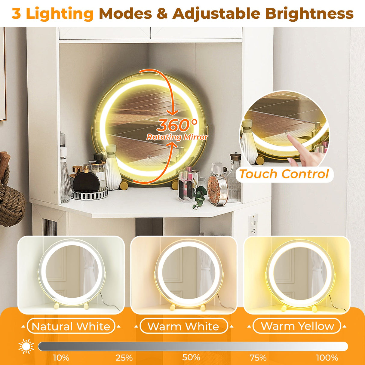 Tocador esquinero compacto con espejo y luces-Blanco