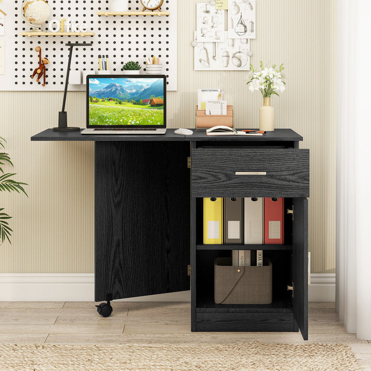 Escritorio plegable para ordenador con cajón, mesa móvil de oficina en casa con armario