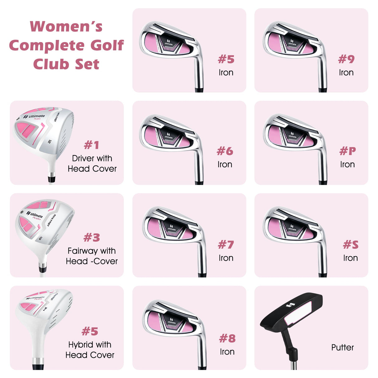 Juego completo de palos de golf para mujer diestra con cubierta para lluvia