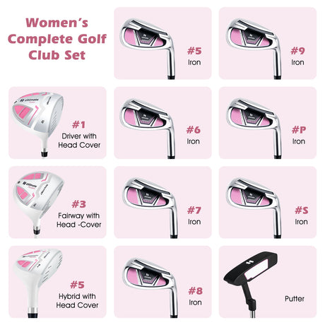 Juego completo de palos de golf para mujer diestra con cubierta para lluvia