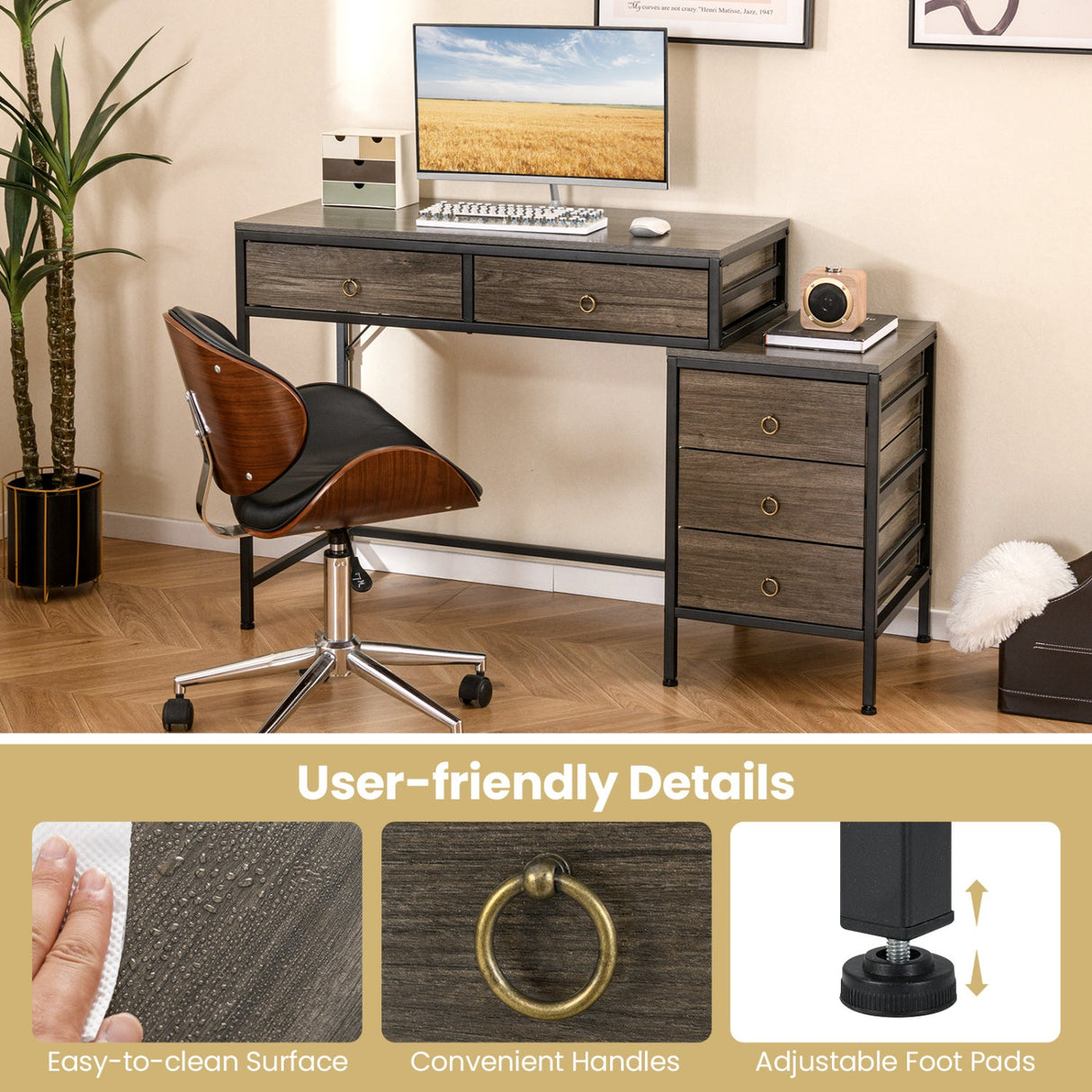 Computer Desk with 5 Drawers Home Office Desk with Side File Cabinet