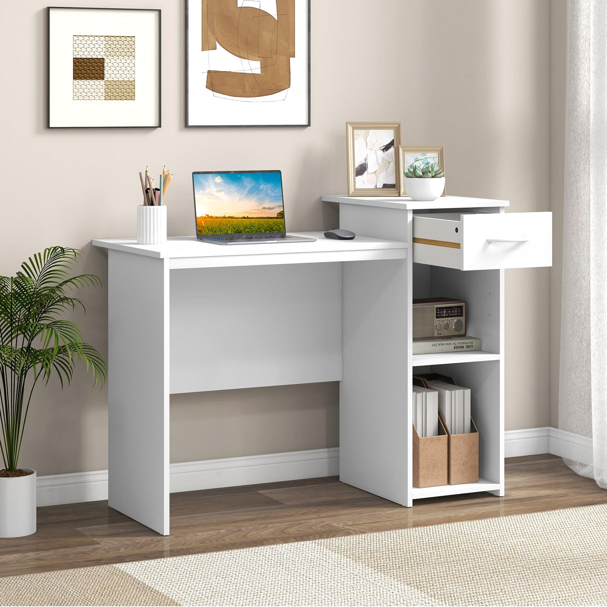 Escritorio de ordenador con cajón, escritorio moderno para PC portátil con estante ajustable y orificio para cables - Blanco